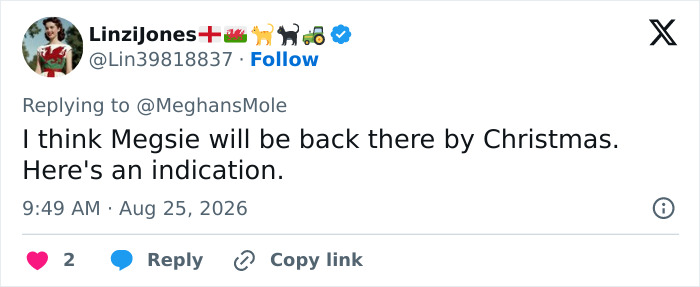 A tweet about Meghan Markle's return to UK, predicting Megsie will return to the UK by Christmas. A tweet about Meghan Markle's return to UK, predicting Megsie will return to the UK by Christmas.