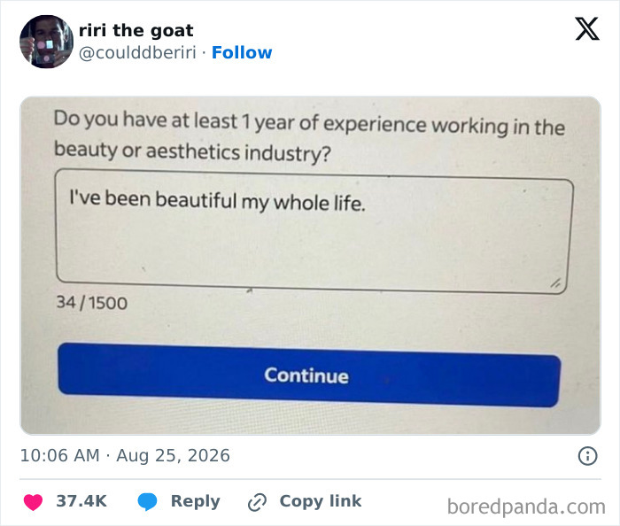 Funny tweets from August: a job application asks about beauty industry experience, replied with 'I've been beautiful my whole life'.