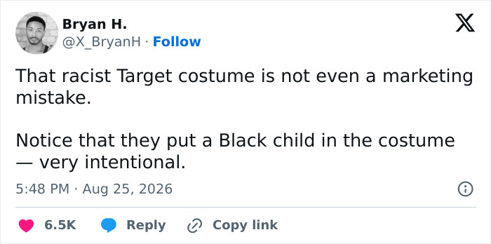 A social media post from Bryan H. analyzing Target's racist costume and the subsequent backlash, and Viola Davis's response. A social media post from Bryan H. analyzing Target's racist costume and the subsequent backlash, and Viola Davis's response.
