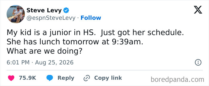 A tweet from Steve Levy about his kid's early high school lunch schedule, showcasing the comedy of raising kids.