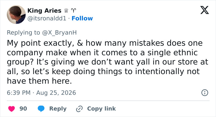 Tweet by King Aries expressing concern over a company's repeated mistakes regarding an ethnic group after a racist costume incident. Tweet by King Aries expressing concern over a company's repeated mistakes regarding an ethnic group after a racist costume incident.