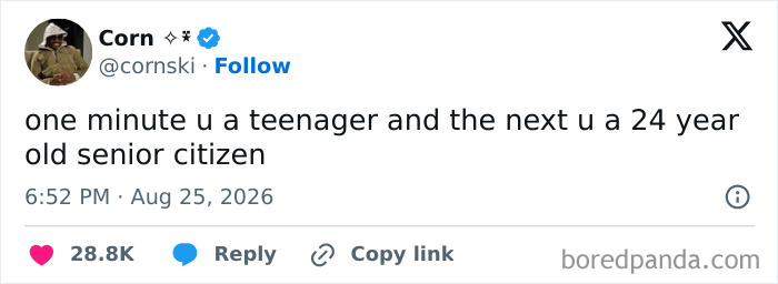 A tweet about transitioning from teenager to senior citizen, among funny tweets for a good mood.