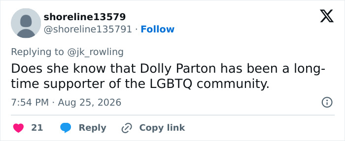 A tweet questioning J.K. Rowling's controversial opinions, highlighting Dolly Parton's LGBTQ support. A tweet questioning J.K. Rowling's controversial opinions, highlighting Dolly Parton's LGBTQ support.