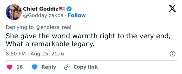 Screenshot of a tweet acknowledging Dolly Parton's warmth and remarkable legacy at her last public appearance. Screenshot of a tweet acknowledging Dolly Parton's warmth and remarkable legacy at her last public appearance.