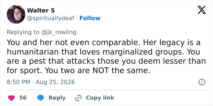 Tweet arguing J.K. Rowling's controversial opinions and attacks on marginalized groups are not comparable to Dolly Parton's humanitarian legacy. Tweet arguing J.K. Rowling's controversial opinions and attacks on marginalized groups are not comparable to Dolly Parton's humanitarian legacy.