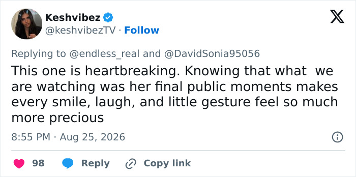 A social media post from Keshvibez reflecting on Dolly Parton's final public moments, appreciating her humor. A social media post from Keshvibez reflecting on Dolly Parton's final public moments, appreciating her humor.