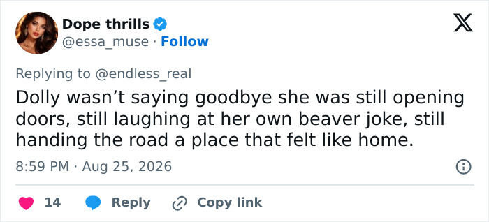 A Dope thrills tweet about Dolly Parton's last public appearance, praising her humor and enduring spirit. A Dope thrills tweet about Dolly Parton's last public appearance, praising her humor and enduring spirit.