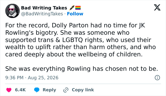 Tweet accusing J.K. Rowling of controversial opinions after Dolly Parton's passing and not supporting LGBTQ+ rights. Tweet accusing J.K. Rowling of controversial opinions after Dolly Parton's passing and not supporting LGBTQ+ rights.