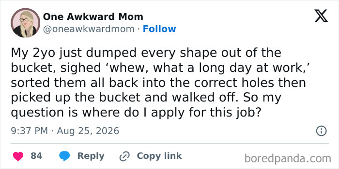 A tweet about the comedy of raising kids, a 2yo sorting shapes and sighing, making a funny comment about work.
