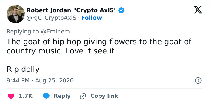 Robert Jordan Crypto Axis tweets a reply to Eminem about the Dolly Parton letter, calling them goats of their music genres.