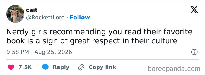 A funny tweet about nerdy girls recommending books, keeping a good mood with humor.