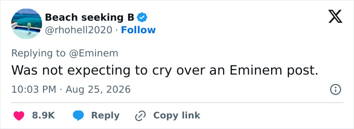 A tweet from Beach seeking B expresses unexpected emotion after seeing Eminem's post about Dolly Parton's letter.