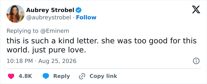 A tweet from Aubrey Strobel calls the Dolly Parton letter to Eminem kind, expressing pure love for the sentiment.
