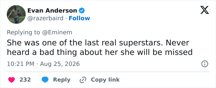 A tweet from Evan Anderson replying to Eminem, stating Dolly Parton was one of the last real superstars, generating backlash.