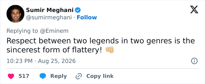 Sumir Meghani tweets a reply to Eminem about the Dolly Parton sweet letter, highlighting respect between music legends.