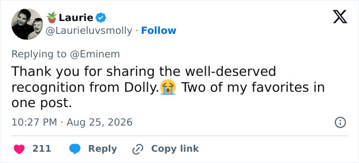 A social media post where user Laurie praises Eminem for sharing a letter Dolly Parton wrote him, showing support.