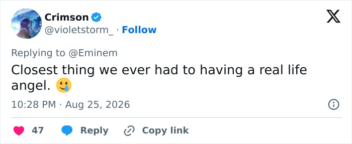 A social media post from Crimson describing Dolly Parton as a real-life angel after Eminem shared her letter.