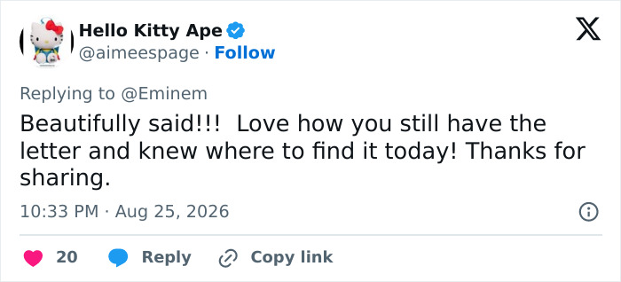 A tweet by Hello Kitty Ape replying to Eminem, praising him for sharing Dolly Parton's letter amidst backlash.