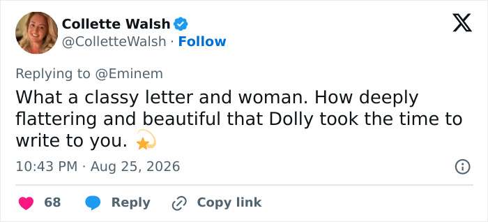 A social media post from Collette Walsh appreciating Dolly Parton's classy letter to Eminem, highlighting its beauty.