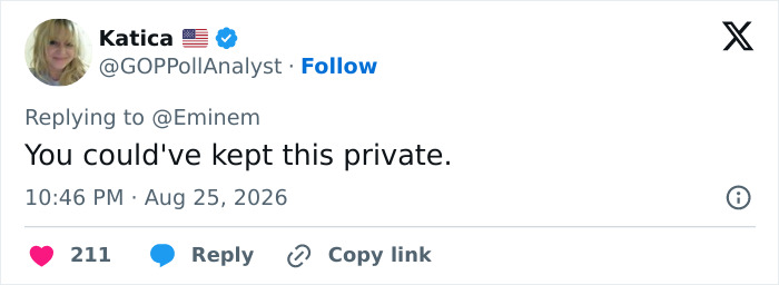 A tweet from Katica suggests Eminem should have kept the Dolly Parton letter private, facing backlash.