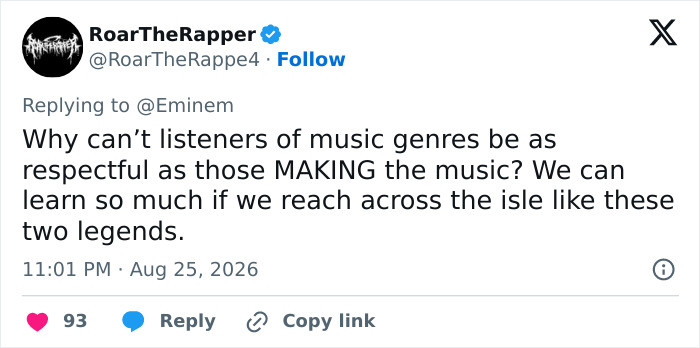 A tweet from RoarTheRapper replying to Eminem, advocating for respect between music genres like these legends, amidst Eminem backlash.