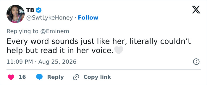 A social media post from user TB commenting on Dolly Parton's letter to Eminem, stating it sounds just like her.