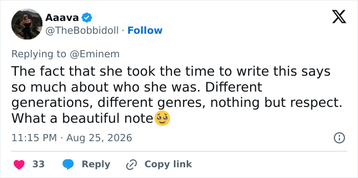 A social media post from user Aaava expressing respect for Dolly Parton's beautiful letter to Eminem, bridging generations.