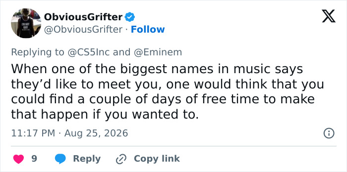 Screenshot of a tweet from ObviousGrifter about Eminem backlash for not meeting Dolly Parton, sharing a sweet letter.
