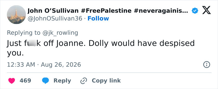Screenshot of a reply to J.K. Rowling's tweet about Dolly Parton, highlighting controversial opinions. Screenshot of a reply to J.K. Rowling's tweet about Dolly Parton, highlighting controversial opinions.