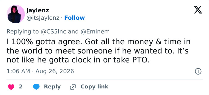 Screenshot of a tweet from jaylenz agreeing on Eminem backlash for not taking time to meet Dolly Parton despite a sweet letter.