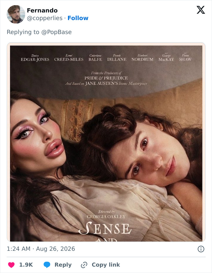 Jane Austen adaptation poster showing two women, one with noticeable plastic surgery, next to the title Sense and Sensibility Jane Austen adaptation poster showing two women, one with noticeable plastic surgery, next to the title Sense and Sensibility