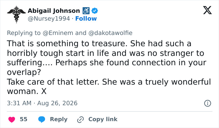 Abigail Johnson replies to Eminem about the Dolly Parton sweet letter, advising to treasure the letter from a wonderful woman.