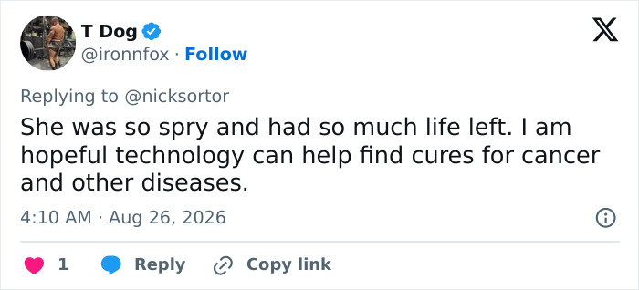 A T Dog tweet about Dolly Parton's last public appearance, expressing hope for medical advancements and her vitality. A T Dog tweet about Dolly Parton's last public appearance, expressing hope for medical advancements and her vitality.