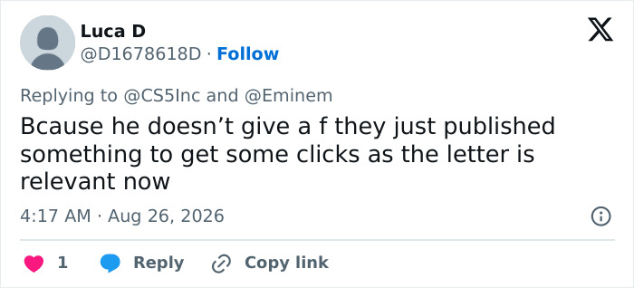 A tweet from Luca D criticizes Eminem for sharing the Dolly Parton letter, implying it was for clicks.