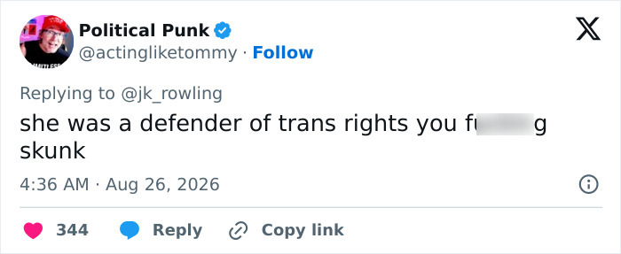 Tweet accusing J.K. Rowling of controversial opinions regarding Dolly Parton. Political Punk tweet calling her a skunk. Tweet accusing J.K. Rowling of controversial opinions regarding Dolly Parton. Political Punk tweet calling her a skunk.
