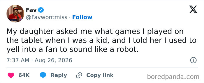 A tweet about a daughter asking about old games, showing the comedy of raising kids.
