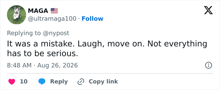 Screenshot of a tweet by MAGA suggesting to laugh and move on from the offensive birthday message dessert mistake.