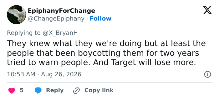 Screenshot of a tweet from @ChangeEpiphany stating Target knew what they were doing with the racist costume. Screenshot of a tweet from @ChangeEpiphany stating Target knew what they were doing with the racist costume.