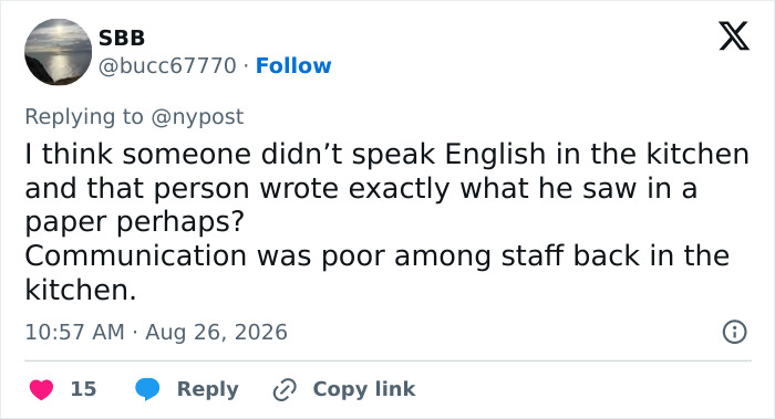 Screenshot of a tweet by SBB suggesting poor communication in the kitchen regarding the offensive birthday message dessert.