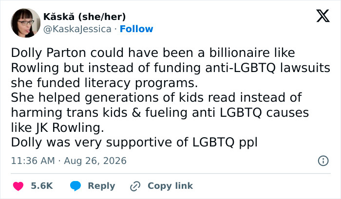 Tweet accusing J.K. Rowling of spreading controversial opinions, contrasting her with Dolly Parton's legacy. Tweet accusing J.K. Rowling of spreading controversial opinions, contrasting her with Dolly Parton's legacy.