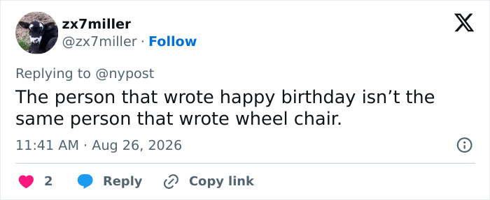 Screenshot of a Twitter comment by zx7miller stating, The person that wrote happy birthday isn't the same person that wrote wheel chair, regarding the offensive birthday message incident.