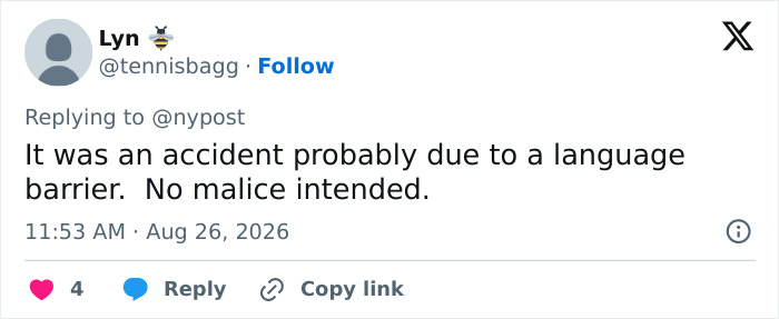Screenshot of a tweet by Lyn suggesting the offensive birthday message dessert was an accident due to a language barrier.