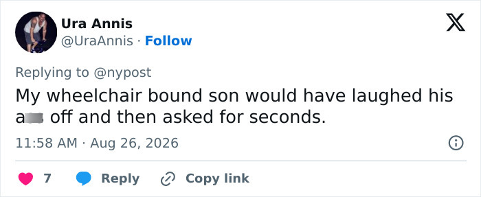 Screenshot of a tweet by Ura Annis stating her disabled son would laugh at the offensive birthday message dessert.