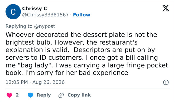 Screenshot of a tweet by Chrissy C discussing the restaurant's explanation for the offensive birthday message dessert.