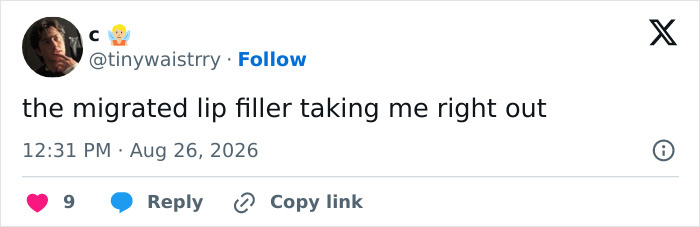 Tweet by @tinywaistrry saying the migrated lip filler is distracting from the Jane Austen adaptation. Tweet by @tinywaistrry saying the migrated lip filler is distracting from the Jane Austen adaptation.