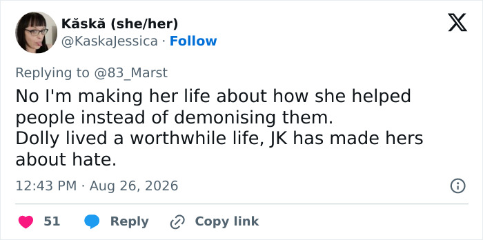 Tweet contrasting J.K. Rowling's controversial opinions with Dolly Parton's life of helping people. Tweet contrasting J.K. Rowling's controversial opinions with Dolly Parton's life of helping people.