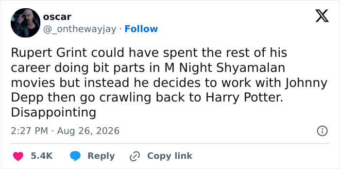A tweet criticizing Rupert Grint for his return to his iconic Harry Potter role. A tweet criticizing Rupert Grint for his return to his iconic Harry Potter role.