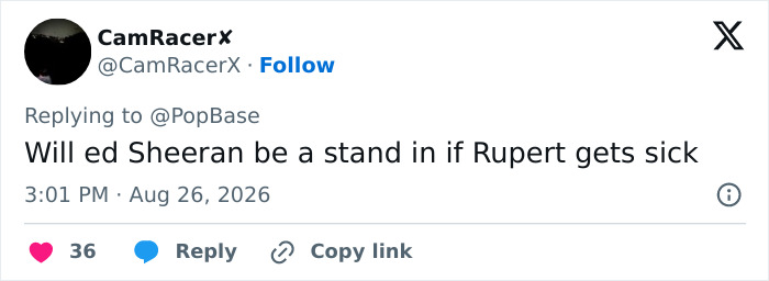 A tweet by CamRacerX asking if Ed Sheeran would stand in for Rupert Grint's Harry Potter role. A tweet by CamRacerX asking if Ed Sheeran would stand in for Rupert Grint's Harry Potter role.