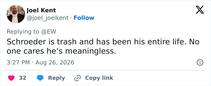 Social media comment calling Schroeder trash and meaningless, in context of the Dolly Parton backlash. Social media comment calling Schroeder trash and meaningless, in context of the Dolly Parton backlash.
