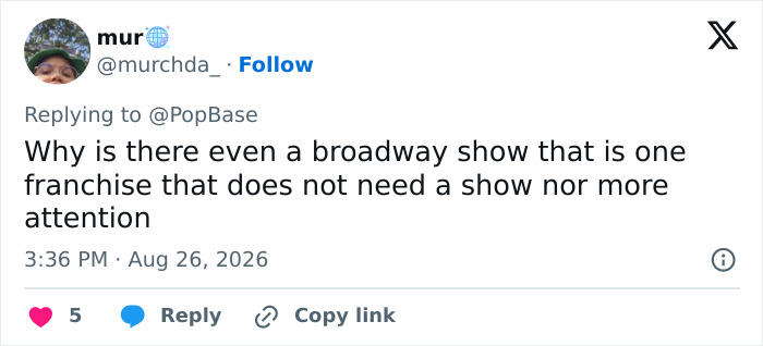 A social media post from 'mur' questioning a Broadway show and more attention for the Harry Potter role. A social media post from 'mur' questioning a Broadway show and more attention for the Harry Potter role.